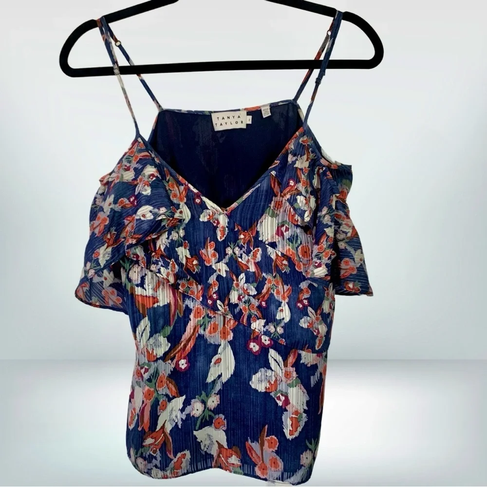 Tanya Taylor Navy Floral Cold-Shoulder Ruffle Silk Blouse, size 2 - Picture 2 of 11